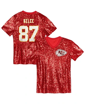 Outerstuff Big Girls Travis Kelce Red Kansas City Chiefs Sequin V-Neck Fashion Jersey