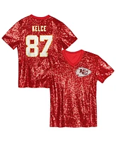 Outerstuff Big Girls Travis Kelce Red Kansas City Chiefs Sequin V-Neck Fashion Jersey