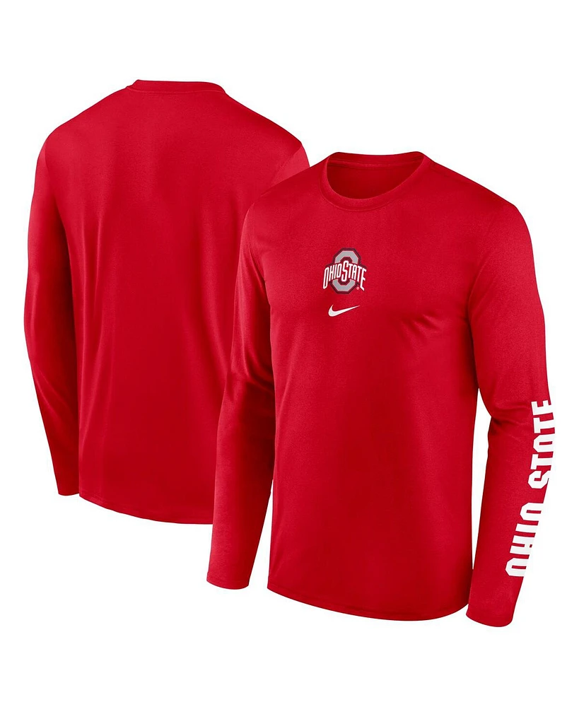 Nike Men's Scarlet Ohio State Buckeyes Primetime Center Lockup Two-Hit Legend Long Sleeve T-Shirt