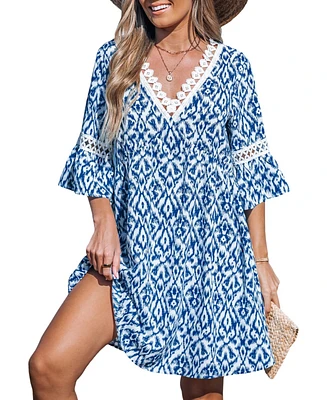 Cupshe Women's Abstract Print Lace Pointelle Mini Beach Dress