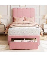 gaomon Twin Bed Frame with Under-Bed Drawer, Pink Velvet Upholstered Platform Bed