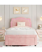 gaomon Twin Upholstered Smart Led Bed Frame with Adjustable Bear Headboard, Storage Drawer, Velvet Princess Platform for Kids/Girls, Wooden