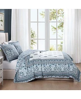 Bebejan Aquamarine Medallion 100% Cotton Sateen 3 Piece Queen Size Reversible Quilted Coverlet Set