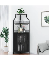 gaomon Corner Wine Bar Rack Cabinet with Detachable Wine Rack, Home Bar Cabinet with Barn Door and Adjustable Shelf