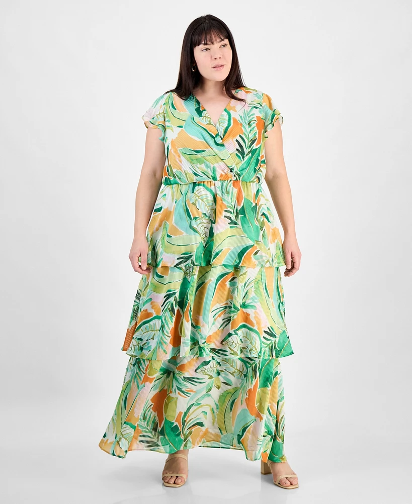 julia jordan Plus Crinkled Floral-Print Tiered Maxi Dress