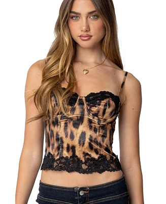 Edikted Womens Lacey Satin Effect Leopard Print Corset