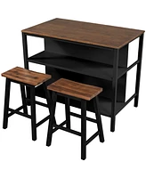 Lovmor Solid Wood Rustic 3-piece 45" Stationary Kitchen Island Set with 2 Seatings, Rubber Wood Butcher Block Dining Table Set
