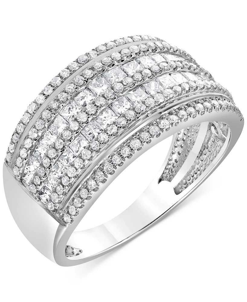 Diamond Princess & Round Multirow Statement Ring (1 ct. t.w.) in 14k White Gold