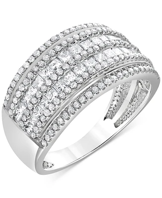 Diamond Princess & Round Multirow Statement Ring (1 ct. t.w.) in 14k White Gold