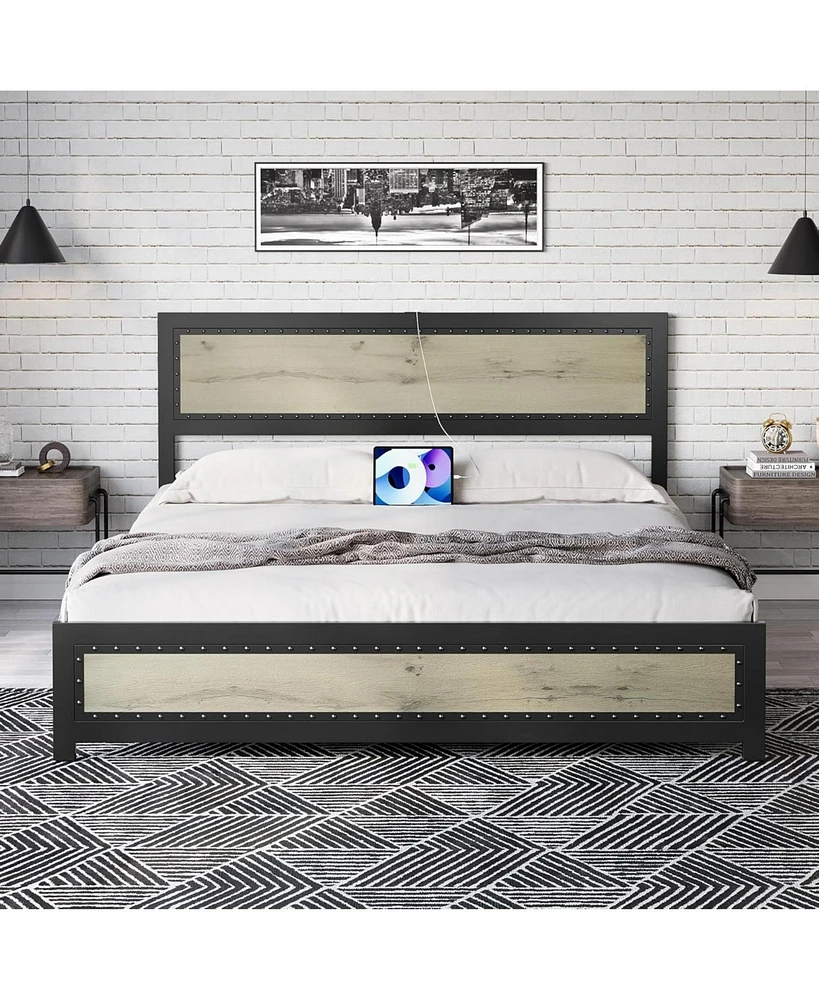 gaomon Queen Size Bed Frame with Headboard, Industrial Platform Bed Frame with Charging Station, No Box Spring Required, Easy to Assemble