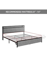 gaomon King Size Bed Frame with Charging Station and 2 Storage Drawer, Upholstered Platform Bed with Headboard, Usb Port & Outlets, No Box Spring Need