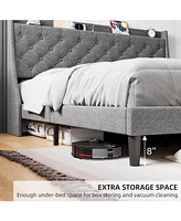 gaomon Upholstered Bed Frame - King Size, Usb Ports, Wingback Headboard, Storage Shelf, and Charging Station