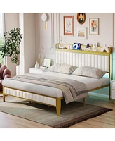 gaomon Bed Frame with Led Light and Charging Station, Upholstered Platform Bed with Storage Headboard, Metal Slat, Noise Free