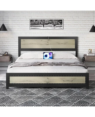 gaomon Full Size Bed Frame with Headboard, Industrial Platform Bed Frame with Charging Station, No Box Spring Required, Easy to Assemble