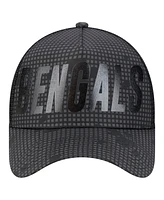 New Era Men's Black Cincinnati Bengals Midnight Ink Tonal Text A-Frame Trucker 9FORTY Adjustable Hat