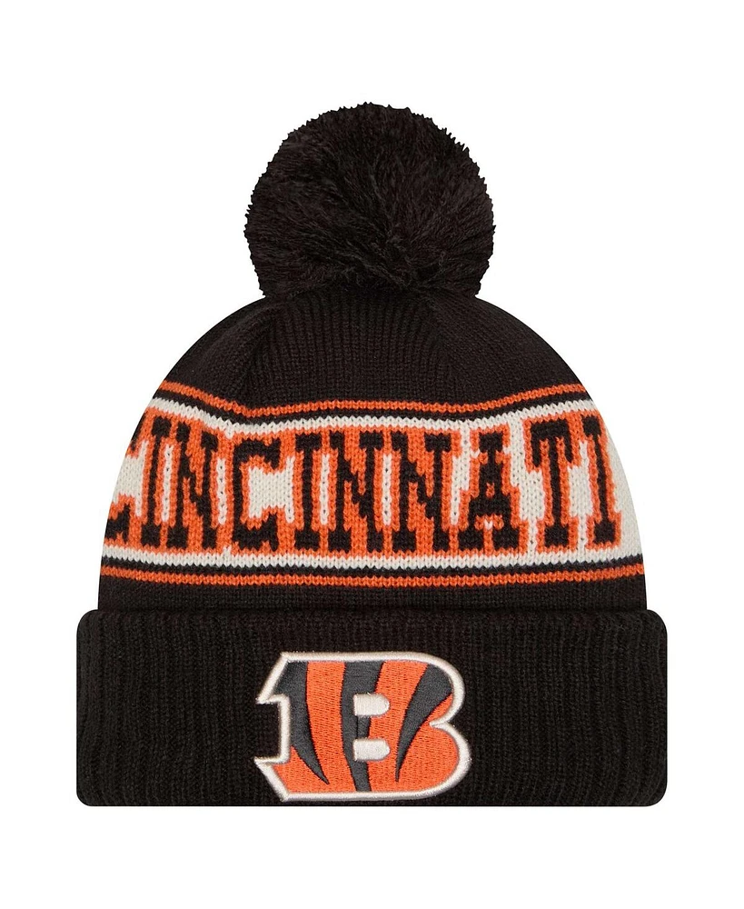 New Era Men's Black Cincinnati Bengals Retro Cuffed Knit Hat with Pom