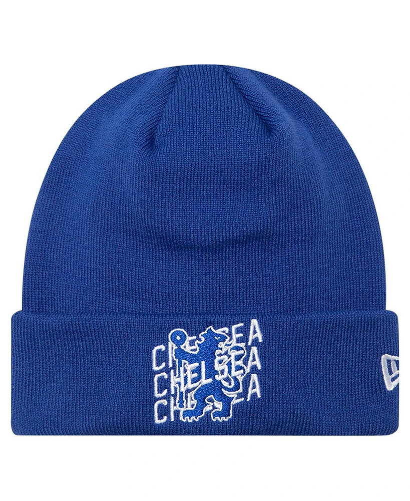 New Era Men's Blue Chelsea Wordmark Overlay Cuffed Knit Hat