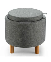 Gouun Round Fabric Storage Ottoman with Tray and Non-Slip Pads for Bedroom