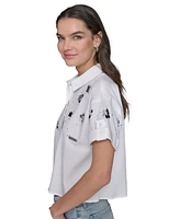 Karl Lagerfeld Paris Petite Cotton Button-Front Embellished Shirt