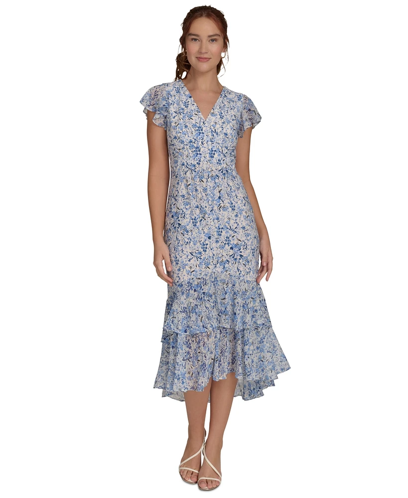 Tommy Hilfiger Women's Floral Print Chiffon Flutter-Sleeve Midi Dress