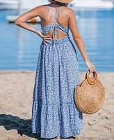 Cupshe Women's Indigo Blooms Plunge Neck Maxi Beach Dress