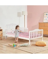 Classic Toddler Bed Frame with Two Side Safety Guardrails, Wooden Design