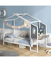 Full-Size Kids Bed Frame with House Roof, Canopy, and Fence Design