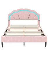 Gouun Upholstered Led Bed Frame with Adjustable Flower Headboard and Metal Support Feet-Queen Size