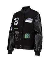 The Wild Collective Women's Black Seattle Seahawks Varsity Full-Snap Sparkle Jacket