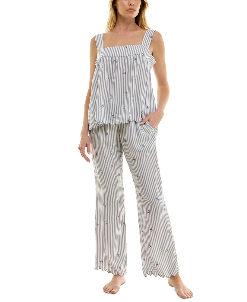 Roudelain Women's Embroidered Striped Pajama Set