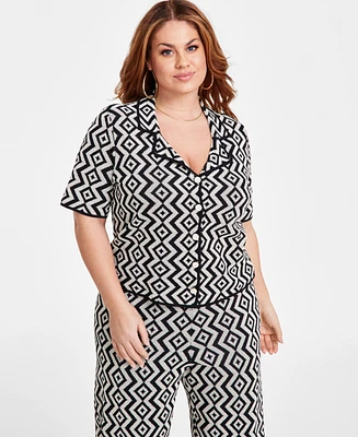 Nina Parker Plus Geo-Print Notch-Collar Jacquard Top