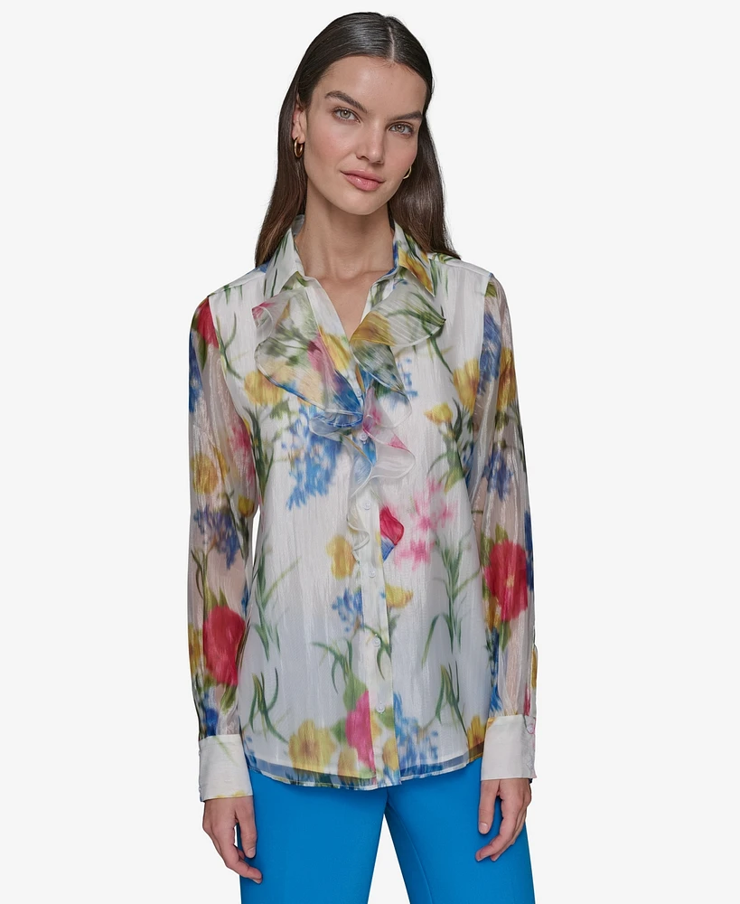 Karl Lagerfeld Paris Women's Floral-Print Ruffled Blouse