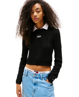 Tommy Jeans Women's Cable-Knit Crewneck Logo Sweater