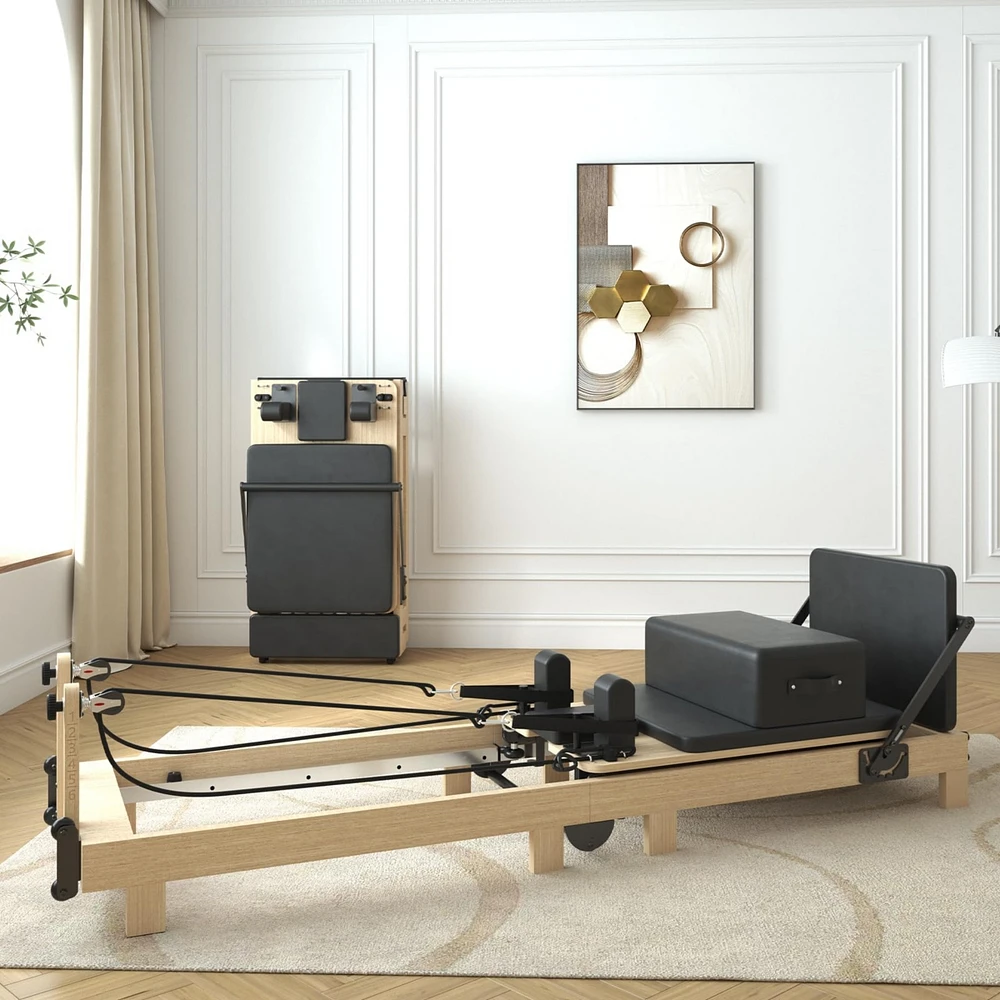 Er Kang Wooden Foldable Pilates Reformer Machine with Springs, Pilates Machines for Home Use and Studio, Pilates Equipment with Sitting Box, Jump Boar