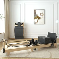 Er Kang Wooden Foldable Pilates Reformer Machine with Springs, Pilates Machines for Home Use and Studio, Pilates Equipment with Sitting Box, Jump Boar