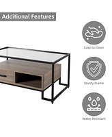 gaomon Coffee Table Tempered Glass Top, Rectangle Center Table with Drawers and Storage Shelf, Industrial Glass Top Accent Table for Home Living Room,