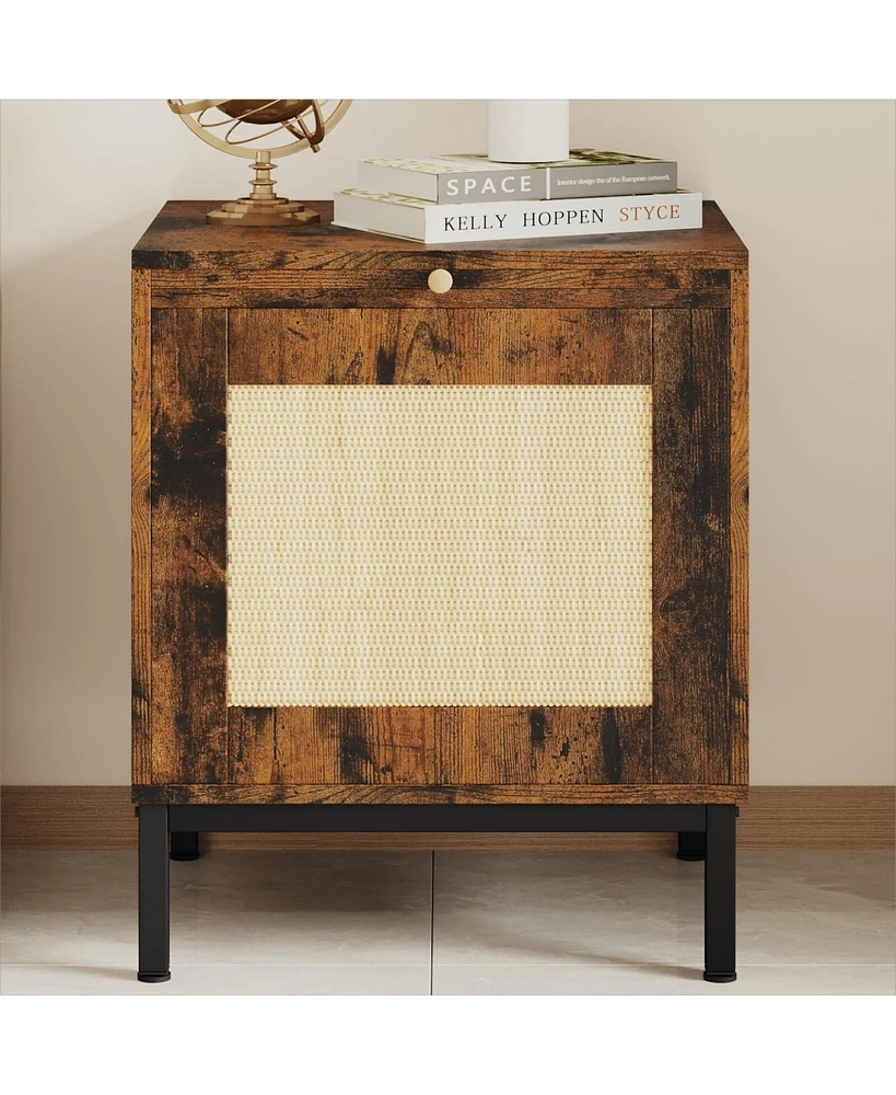 gaomon Rattan End Table, Wood Nightstand with Tray for Living Room, Bedroom Side Table with Storage Shelf for Entryway, Small Spaces