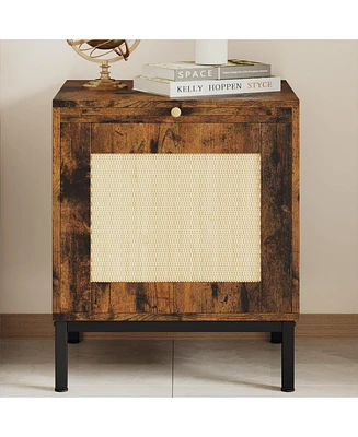 gaomon Rattan End Table, Wood Nightstand with Tray for Living Room, Bedroom Side Table with Storage Shelf for Entryway, Small Spaces