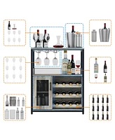 3-Tier Wine Bar Cabinet with Led Lights, Detachable Wine Rack and Storage Space,Grey