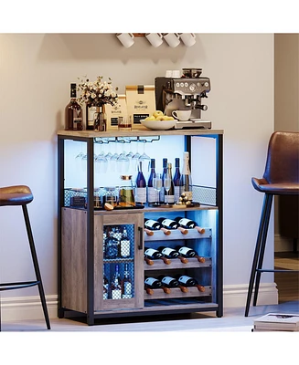3-Tier Wine Bar Cabinet with Led Lights, Detachable Wine Rack and Storage Space,Grey