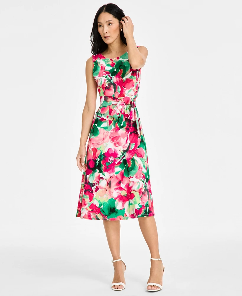 Kasper Printed Scuba Tie-Waist Dress, Regular & Petite Sizes