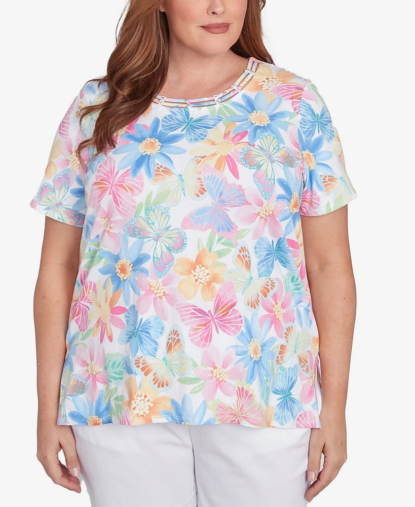 Alfred Dunner Plus Spring Butterfly Crew Neck Top