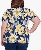 Alfred Dunner Plus Navy Floral Braided Crew Neck Top