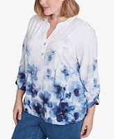 Alfred Dunner Plus Classic Floral Border Ruched Sleeves Henley Top