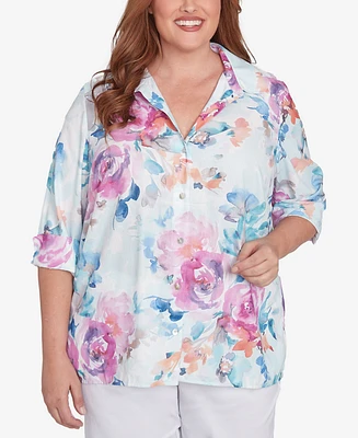 Alfred Dunner Plus Classic Floral Watercolor Button Down Top