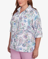 Alfred Dunner Plus Classic Paisley Button Down Cuffed Sleeves Top