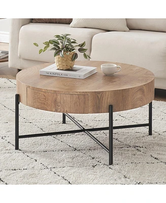 gaomon Round Coffee Table with Drawers Farmhouse Coffee Table with Storage Wood Accent Center Table Natural Coffee Table for Living Room