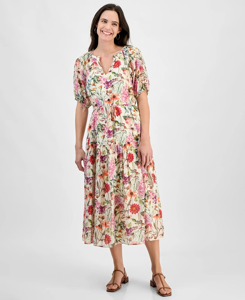 julia jordan Women's Printed Short-Bubble-Sleeve Midi Dress