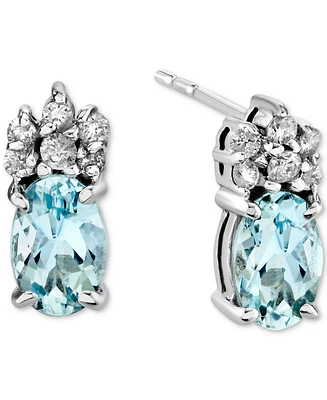Aquamarine (3/4 ct. t.w.) & Diamond (1/10 ct. t.w.) Oval Cluster Stud Earrings in 14k White Gold
