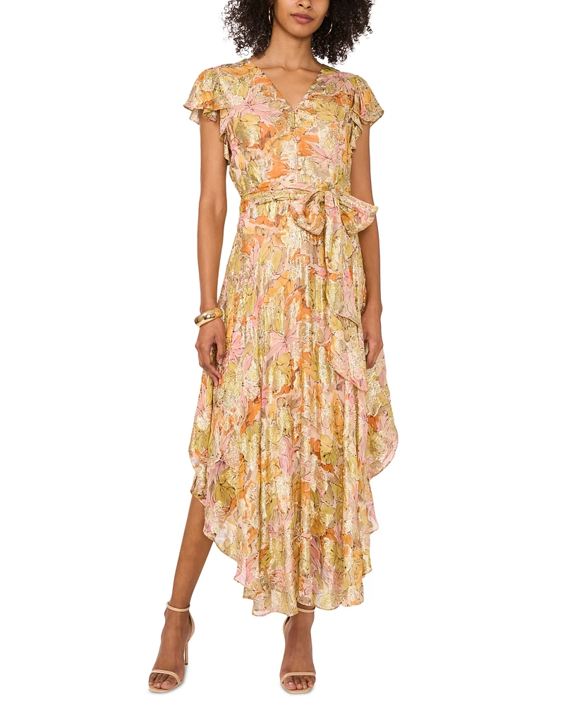 Vince Camuto Women's Floral-Print Flutter Sleeve Asymmetrical Maxi Dress